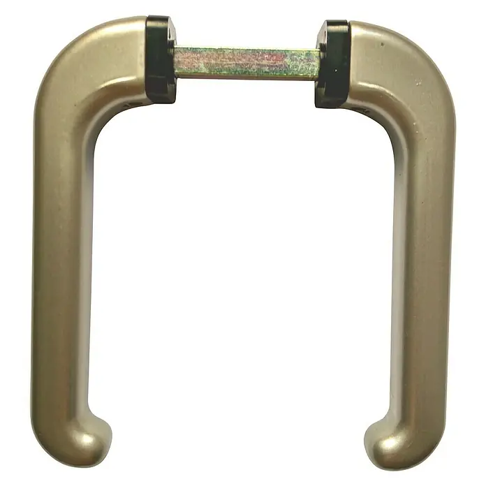 Manilla para ventana - Acero inoxidable - Un juego de manijas para puerta en forma de U plateado con piezas finales negras y una varilla metálica que conecta las dos manijas.