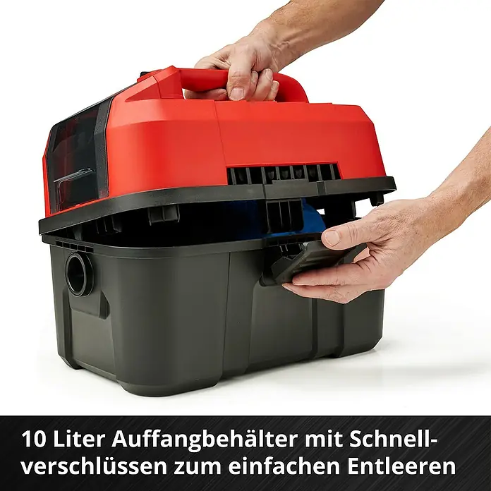 Einhell Power X-Change 18V Akku-Nass-Trockensauger TE-VC 18/10 Li-Solo - 18 V, Ohne Akku, Behältervolumen: 10 l - Der rote und schwarze Staubsauger mit Behälter, der zum einfachen Entleeren geöffnet wird.