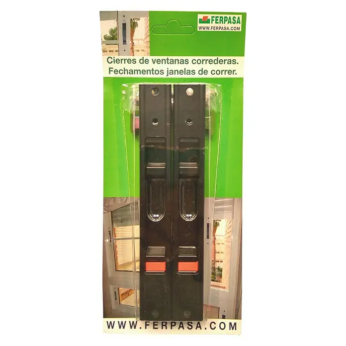 Cerradura para puertas y ventanas 81044 - Negro - Primer plano de cierres para ventanas correderas Ferpasa, negros con detalles rojos, empaquetados para una instalación segura.