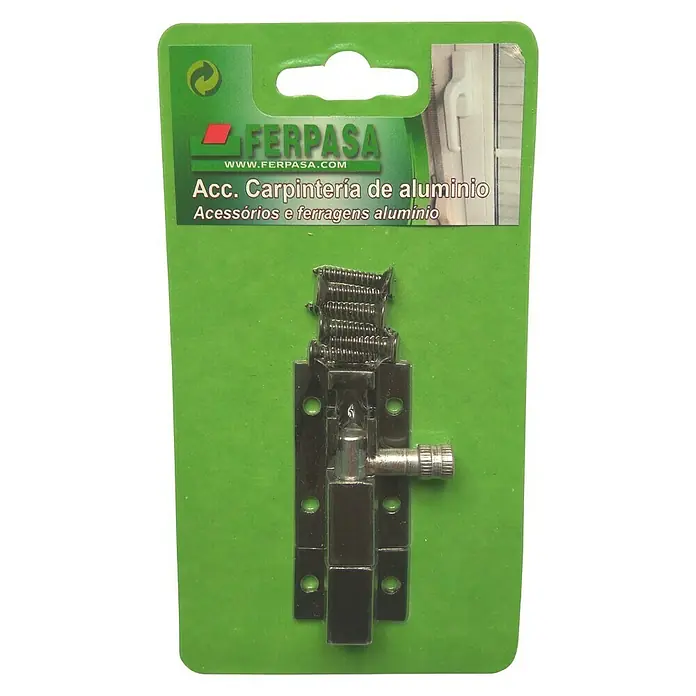 Cerradura adicional para ventanas - Largo: 60 mm, Aluminio, Negro - Imagen de un cerrojo de puerta de aluminio FERPASA con tornillos sobre cartón verde, ideal para trabajos de carpintería.