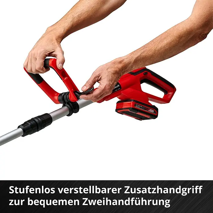 Einhell Power X-Change 18V Akku-Rasentrimmer GE-CT 18/28 Li-Solo - 18 V, 5.200 mAh, Ohne Akku, Schnittbreite Messer: 28 cm, Schnittbreite Faden: 28 cm - Bild von einer Akku-betriebenen Heckenschere mit verstellbarem Zusatzhandgriff für komfortable Zweihandbedienung.