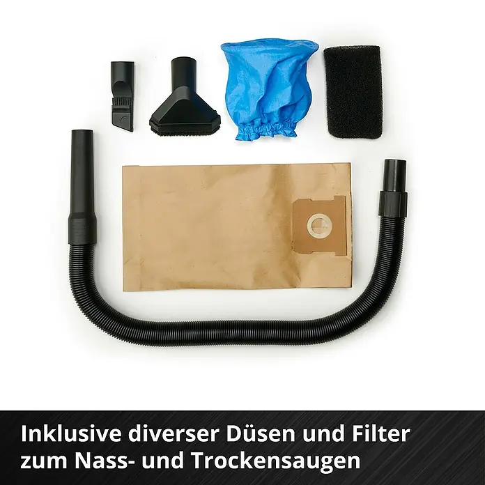 Einhell Power X-Change 18V Akku-Nass-Trockensauger TE-VC 18/10 Li-Solo - 18 V, Ohne Akku, Behältervolumen: 10 l - Zubehörset für Staubsauger mit Düsen, Filter, Staubbeutel und Schlauch für Nass- und Trockensaugen.