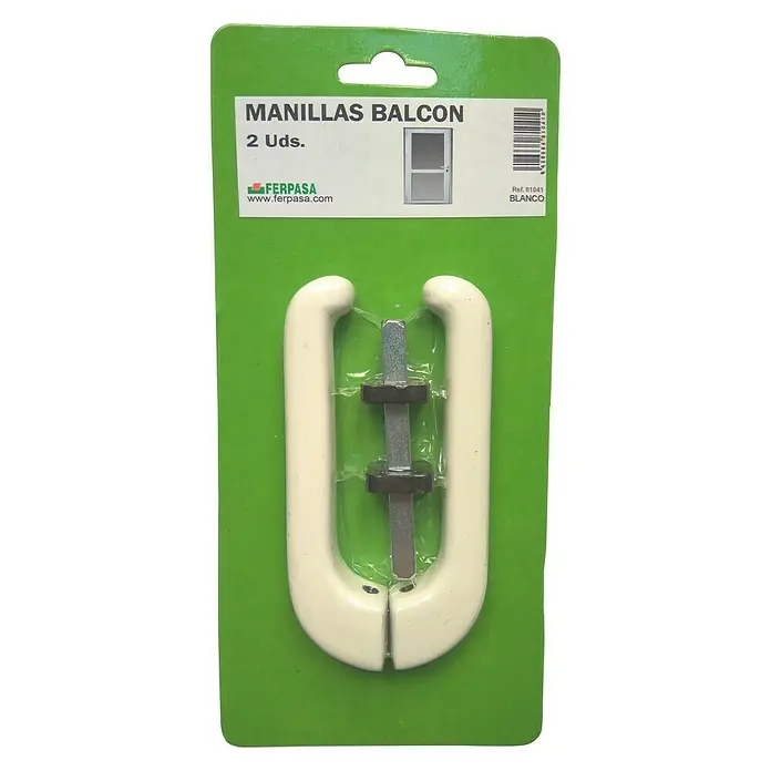 Manilla para ventana Balcon - Blanco - Imagen del producto: Un paquete de manillas blancas para puertas de balcón, material de montaje incluido, en un embalaje verde.