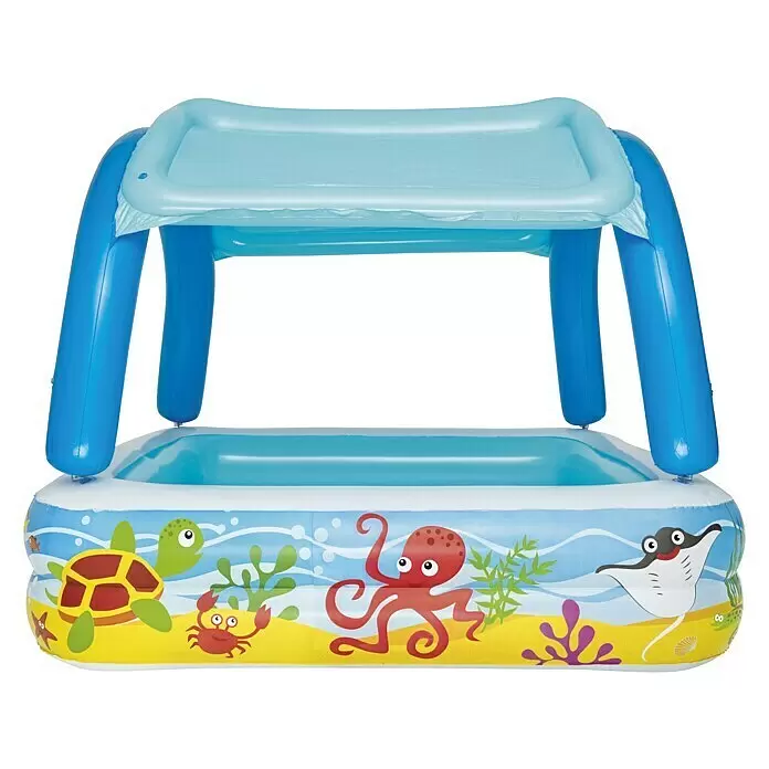Bestway Planschbecken Beach Buddy - 140 x 140 x 114 cm, Mehrfarbig - Blaues aufblasbares Babyplanschbecken mit Sonnendach und farbigen Meeresbewohner-Motiven am Rand.