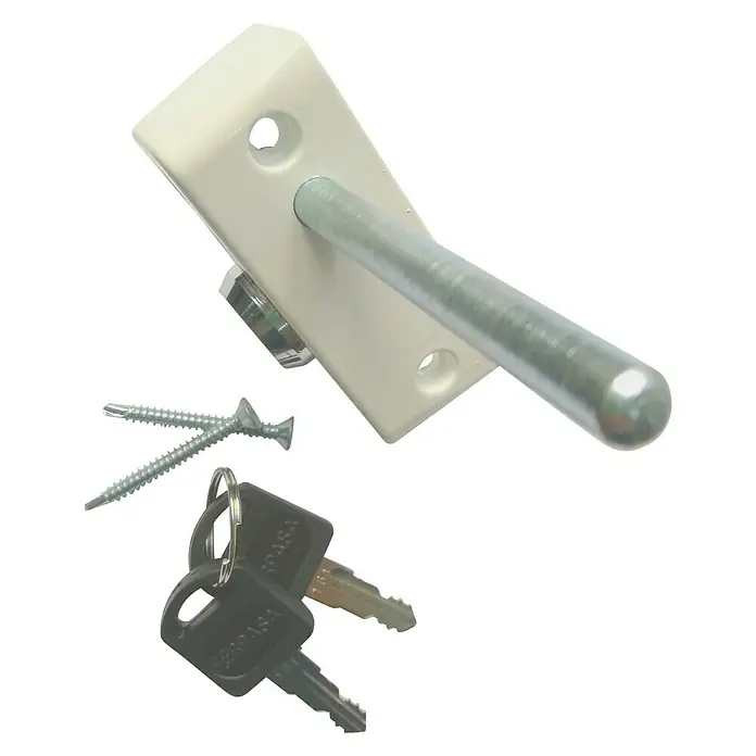 Cierre de seguridad para ventanas Multilock - Blanco - Un bloqueo para ventanas o puertas con llaves, tornillos y una carcasa blanca para mayor seguridad.