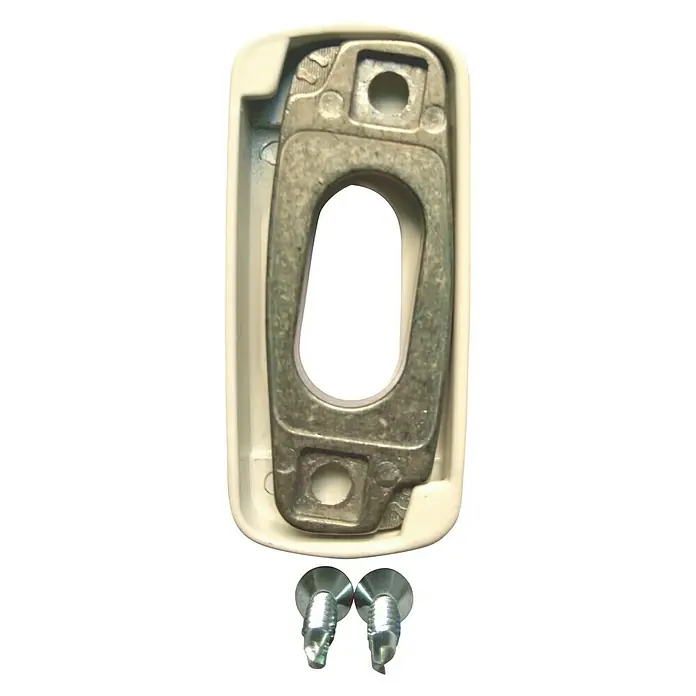 Escudo para cerraduras Ovalado - Blanco - Primer plano de un retenedor de manija de ventana con tornillos. El robusto retenedor es esencial para el cierre seguro de la ventana.