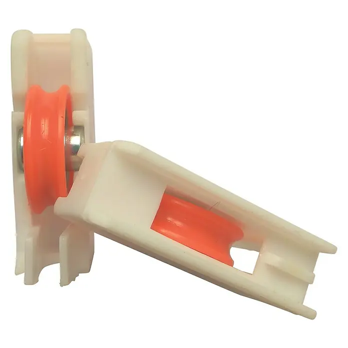 Cojinete de bolas 3-P - Diámetro: 16 mm, Ancho: 11 mm - Primer plano de dos rodillos de banda de ventana blancos con ruedas naranjas, diseñados para un movimiento suave de la ventana.
