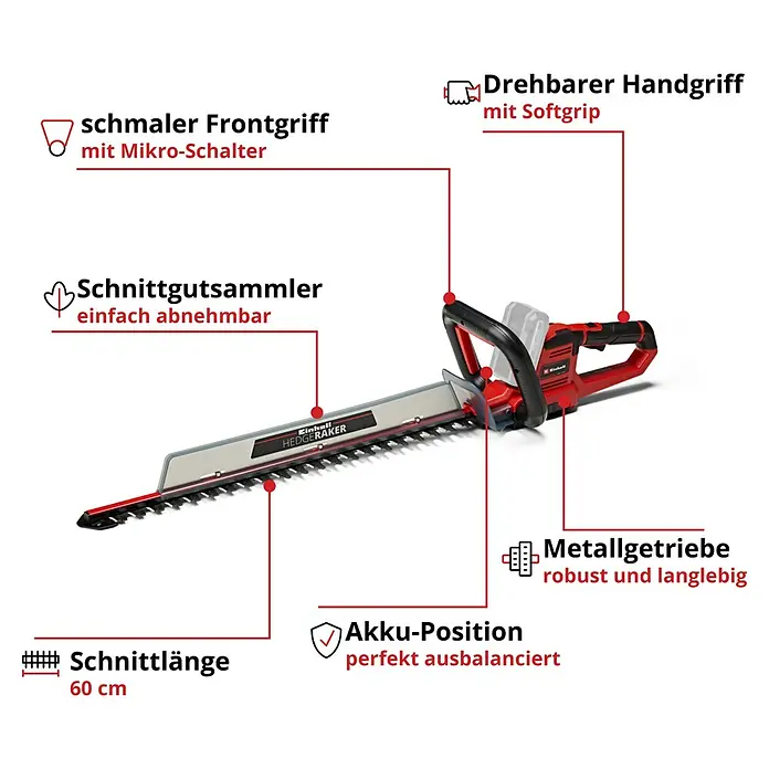 Einhell Power X-Change 18V Akku-Heckenschere GE-CH 18/60 Li-Solo - 18 V, Ohne Akku, Schnittlänge: 60 cm - Abbildung einer Einhell Akku-Heckenschere mit schmalem Frontgriff, drehbarem Handgriff, Schnittgutsammler, Metallgetriebe und Akku-Position.