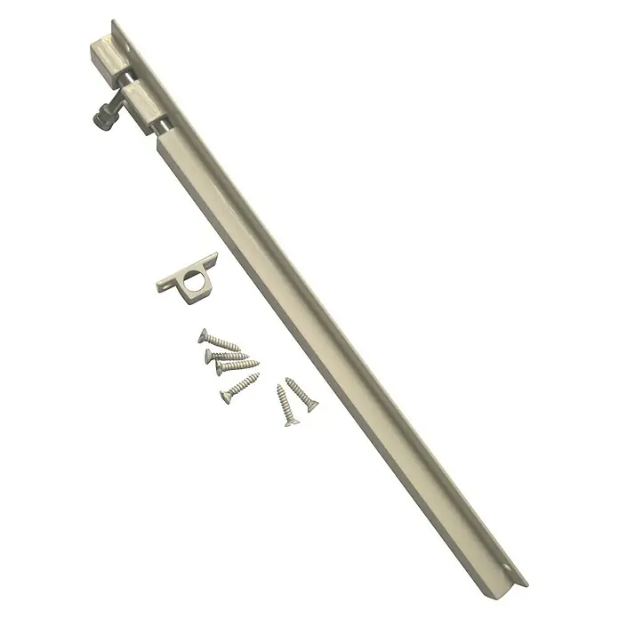 Cerradura adicional para ventanas - Largo: 300 mm, Aluminio, Blanco - Un cerrojo de cañón largo de color plateado con tornillos y una pieza de soporte para montar en una puerta o ventana.
