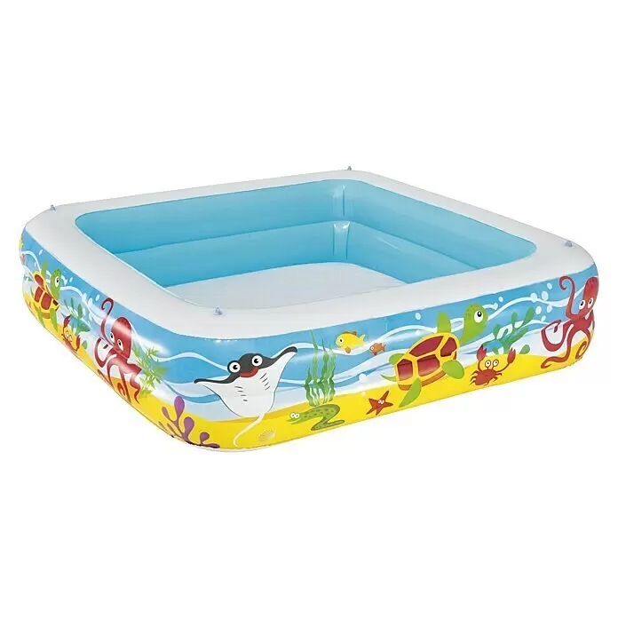 Bestway Planschbecken Beach Buddy - 140 x 140 x 114 cm, Mehrfarbig - Quadratischer aufblasbarer Planschbecken mit blauer Innenseite, weißem Rand und bunten Meerestier-Illustrationen.