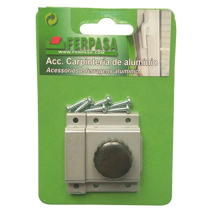 Pestillo deslizante - Plateado - Juego de pestillo de bloqueo de aluminio con tornillos en embalaje verde.
