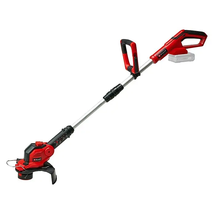 Einhell Power X-Change 18V Akku-Rasentrimmer GE-CT 18/28 Li-Solo - 18 V, 5.200 mAh, Ohne Akku, Schnittbreite Messer: 28 cm, Schnittbreite Faden: 28 cm - Akkubetriebener Rasentrimmer von Einhell mit rotem Gehäuse, silberfarbenem Schaft und zwei Griffen für komfortable Gartenarbeit.