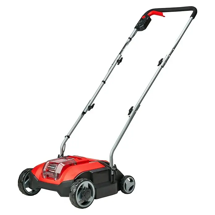 Einhell Power X-Change 18V Akku-Vertikutierer-Lüfter GC-SC 18/28 LI-SOLO - Anzahl Akkus: Ohne Akku, 18 V, Arbeitsbreite: 28 cm - Das Bild zeigt einen roten Einhell Elektro-Vertikutierer mit silbernen Griffen auf schwarzem Hintergrund, ideal für die Rasenpflege.