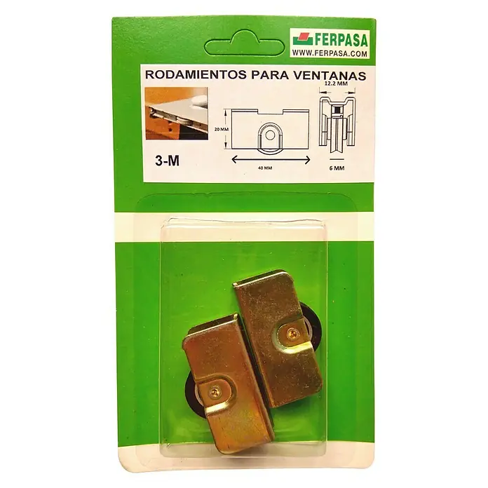Cojinete de bolas metal 3-M - Diámetro: 20 mm, Ancho: 12,2 mm - Paquete de rodillos para ventanas FERPASA 3-M, incluye las dimensiones y dos rodillos dorados en el interior.