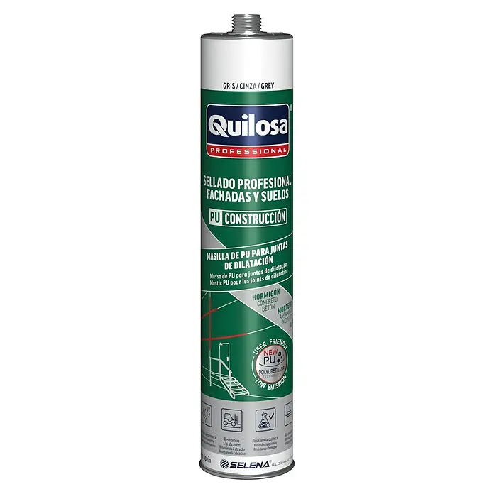 Adhesivo para tela de vidrio PU Construcción - 300 ml, Gris - Sellador de construcción PU Quilosa en gris, ideal para fachadas y suelos. Sellado profesional para resultados duraderos.
