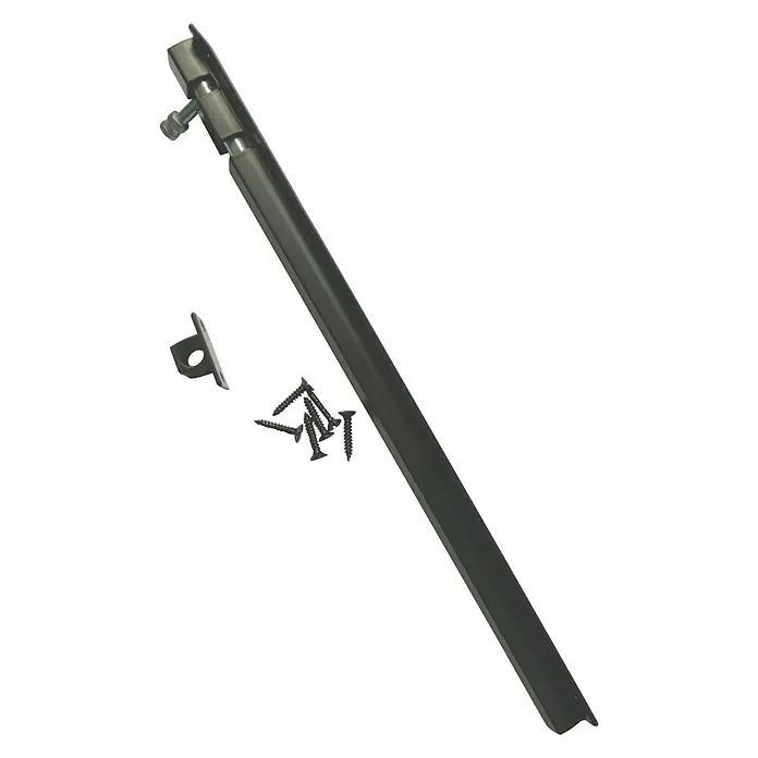 Cerradura adicional para ventanas - Largo: 300 mm, Aluminio, Negro - Un primer plano de un cerrojo de seguridad para ventanas con tornillos y un soporte que lo acompañan, aislado sobre un fondo blanco.