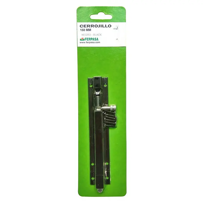 Cerradura adicional para ventanas - Largo: 150 mm, Aluminio, Negro - Aquí hay un cerrojo negro CERROJILLO de 150 mm con tornillos sobre un soporte verde, perfecto para mayor seguridad.