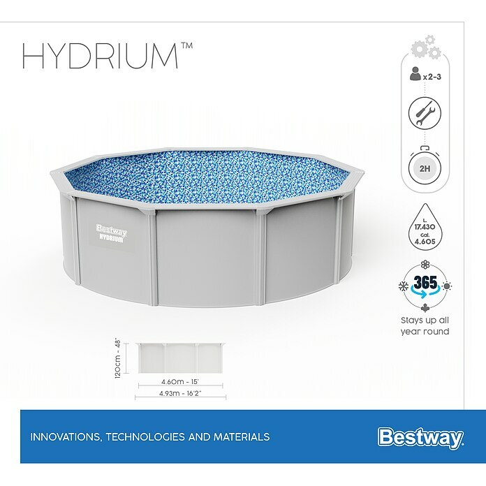 Bestway Opzetzwembad Hydrium Set 457 (Ø x h: 457 x 122 cm, Grijs, 17.430 l) | BAUHAUS