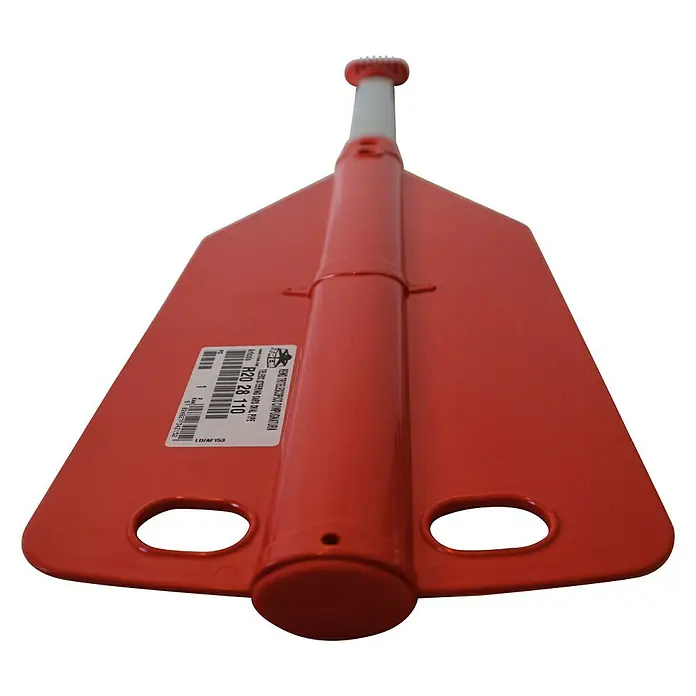 Pagaya telescópica - Largo: 55,9 cm, Aluminio - Primer plano de una herramienta roja con mango blanco. Ideal para levantar y mover cargas pesadas en entornos industriales y de taller.
