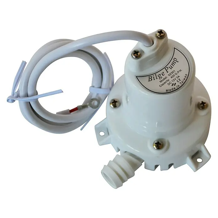 Bomba de sentina sumergible - Capacidad de bombeo máx.: 1.300 l/h - La imagen muestra una bomba de achique blanca, Modelo 02301, con una capacidad de 400 GPH, apta para sistemas de 12V DC, fabricada en Taiwán.