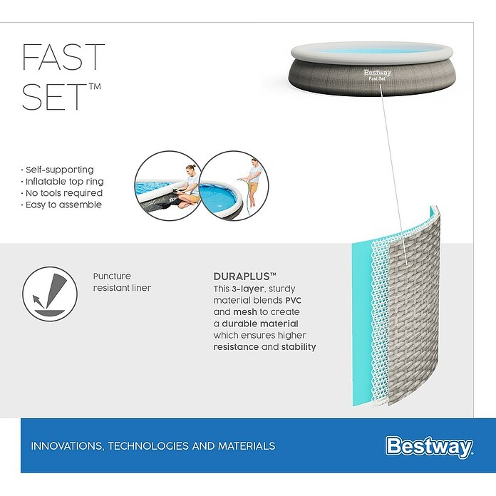 Bestway Opblaasbaar zwembad Fast Set Rotan 396X84 (Ø x h: 396 x 84 cm, Grijs, 7.340 l) | BAUHAUS