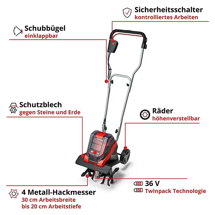 Einhell Power X-Change 18V Akku-Bodenhacke GE-CR 30 Li-Solo - Anzahl Akkus: Ohne Akku, Li-Ionen - Produktbild einer Elektrohacke mit klappbarem Schubbügel, Sicherheits-schalter, Schutzblech, höhenverstellbaren Rädern und 4 Metall-Hackmessern.