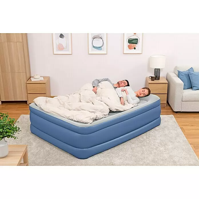 Bestway Luftbett Vento - L x B x H: 203 x 152 x 61 cm, Integrierte Luftpumpe - Blau-graues aufblasbares Luftbett mit zwei Personen, die bequem in einem Schlafzimmer schlafen.