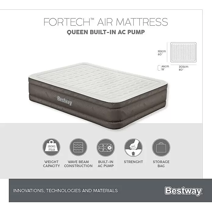 Bestway Luftbett Fortech - L x B x H: 203 x 152 x 46 cm, Integrierte Luftpumpe - Bestway Queen Luftmatratze (152x203x46cm) in Grau/Weiß mit integrierter AC-Pumpe und strukturierter Oberfläche.