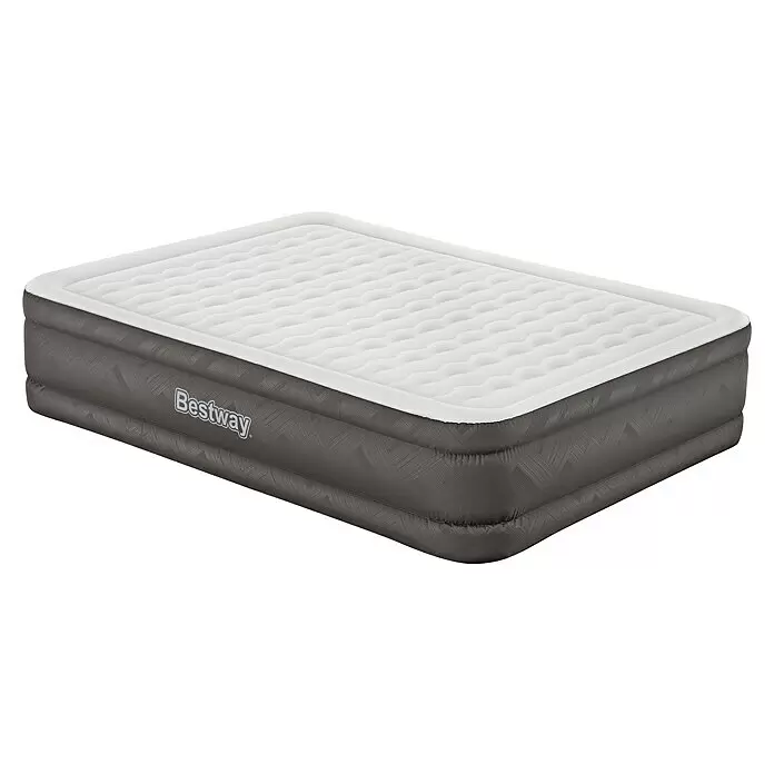 Bestway Luftbett Fortech - L x B x H: 203 x 152 x 46 cm, Integrierte Luftpumpe - Bestway Luftmatratze mit grauer, texturierter Unterseite und weißer, gesteppter Oberseite.
