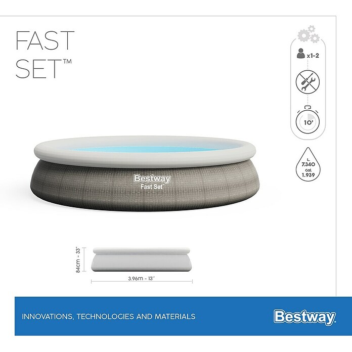 Bestway Opblaasbaar zwembad Fast Set Rotan 396X84 (Ø x h: 396 x 84 cm, Grijs, 7.340 l) | BAUHAUS