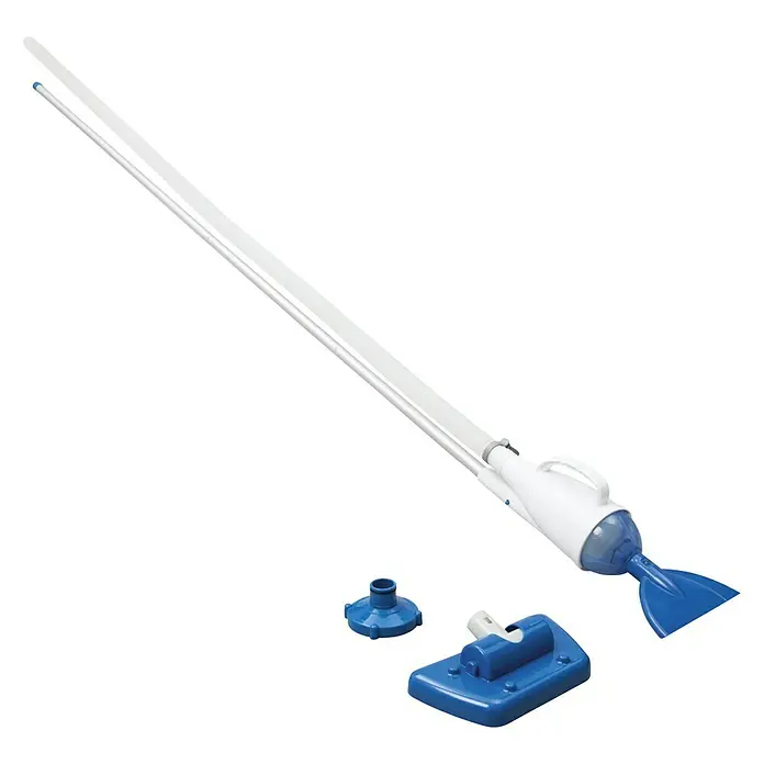 Bestway Flowclear Poolsauger-Set Aquacrawl - Poolreinigung - Bild einer Poolreinigungsbürste mit Stiel und verschiedenen Aufsätzen in Blau und Weiß für eine gründliche Beckenreinigung.