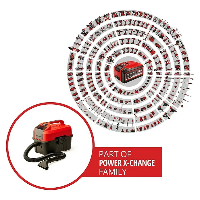 Einhell Power X-Change 18V Akku-Nass-Trockensauger TE-VC 18/10 Li-Solo - 18 V, Ohne Akku, Behältervolumen: 10 l - Abbildung eines Einhell Power X-Change Nass-Trockensaugers, Teil der Power X-Change Familie, für vielseitige Reinigungsaufgaben.