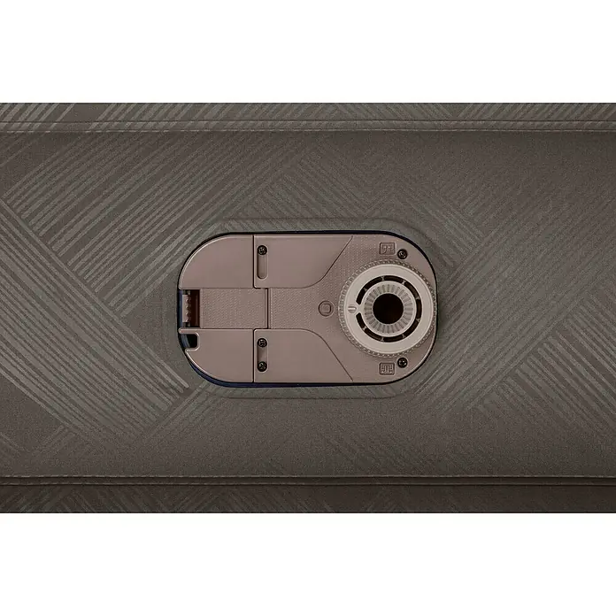 Bestway Luftbett Fortech - L x B x H: 203 x 152 x 46 cm, Integrierte Luftpumpe - Nahaufnahme einer Flugzeugleselampe, die in eine graue Stoffoberfläche eingelassen ist. Das Design ist modern und funktional.