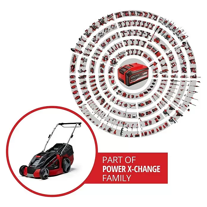 Einhell PXC 18V Cortacésped de batería GE-CM 43 Li M Kit - 18 V, 2 baterías, 4 Ah, Ancho de corte: 43 cm - Cortacésped inalámbrico rojo y negro, parte de una familia de herramientas eléctricas y equipos de jardinería con el mismo sistema de batería.