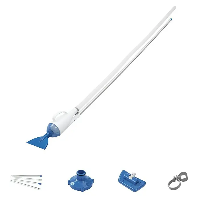 Bestway Flowclear Poolsauger-Set Aquacrawl - Poolreinigung - Das Bild zeigt einen Poolreiniger mit verschiedenen Aufsätzen, darunter ein Staubsaugerkopf und Verlängerungsstangen für die Reinigung.