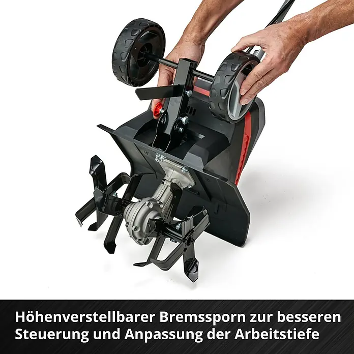 Einhell Power X-Change 18V Akku-Bodenhacke GE-CR 30 Li-Solo - Anzahl Akkus: Ohne Akku, Li-Ionen - Bild einer Gartenfräse mit verstellbarem Bremssporn zur besseren Steuerung und Anpassung der Arbeitstiefe.