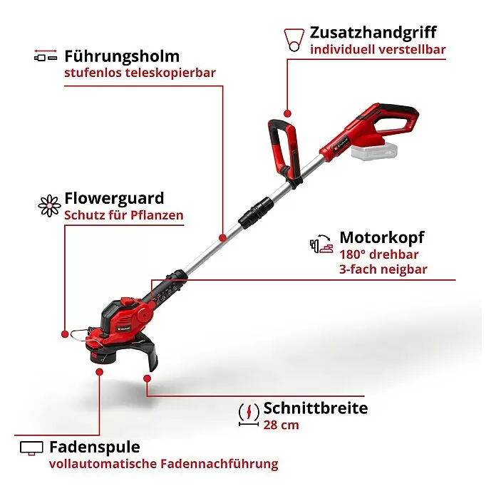 Einhell Power X-Change 18V Akku-Rasentrimmer GE-CT 18/28 Li-Solo18 V, 5.200 mAh, Ohne Akku, Schnittbreite Messer: 28 cm, Schnittbreite Faden: 28 cm