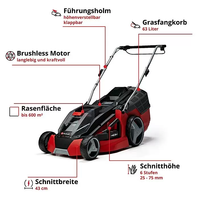 Einhell PXC 18V Cortacésped de batería GE-CM 43 Li M Kit - 18 V, 2 baterías, 4 Ah, Ancho de corte: 43 cm - Cortacésped inalámbrico rojo y negro con motor sin escobillas, 43cm de ancho de corte, cesto de 63L y mango ajustable para hasta 600m².
