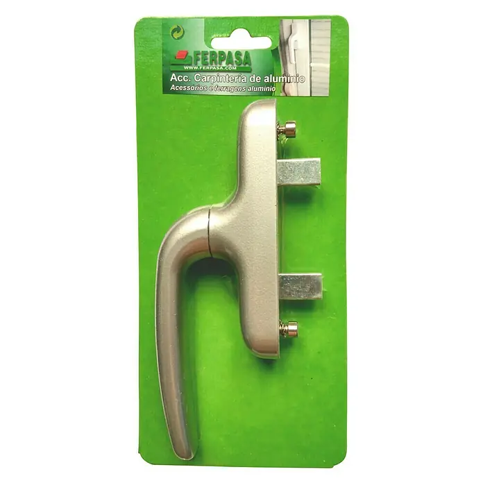 Manilla para ventana - Largo: 180 mm, Plateado, Aluminio - Primer plano de una manija de ventana de aluminio Ferpasa, empaquetada en cartón verde, para reparaciones o reemplazos de ventanas.