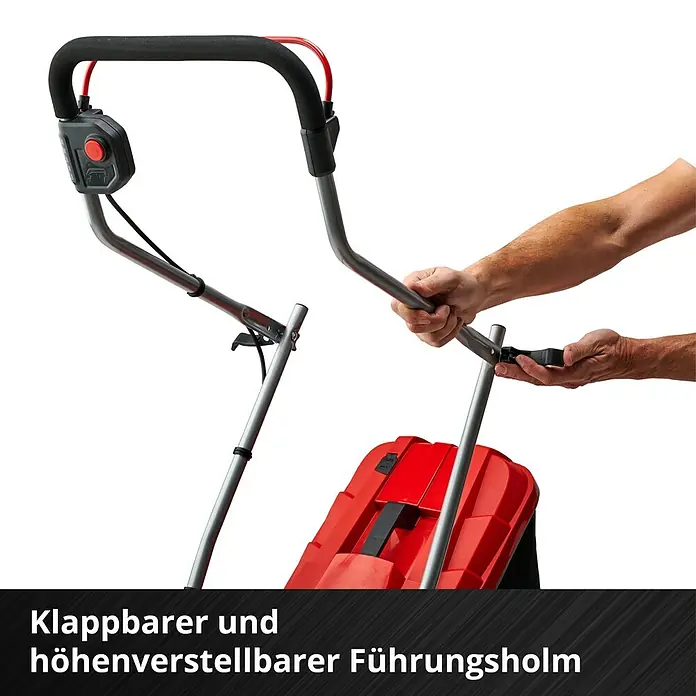 Einhell Power X-Change 18V Akku-Rasenmäher GE-CM 18/33 Li - 18 V, 1 Akku, 4 Ah, Schnittbreite: 33 cm - Klappbarer und höhenverstellbarer Führungsholm einer roten Gartenfräse, der sich leicht an die Körpergröße anpassen lässt.