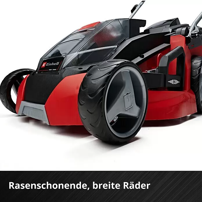 Einhell PXC 18V Cortacésped de batería GE-CM 43 Li M Kit - 18 V, 2 baterías, 4 Ah, Ancho de corte: 43 cm - Cortacésped Einhell rojo y negro con ruedas anchas que protegen el césped.
