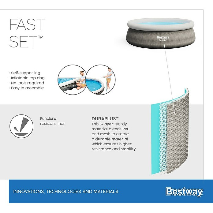 Bestway Opblaasbaar zwembad Fast Set Rotan 457x107 (Ø x h: 457 x 107 cm, Grijs, 12.362 l) | BAUHAUS