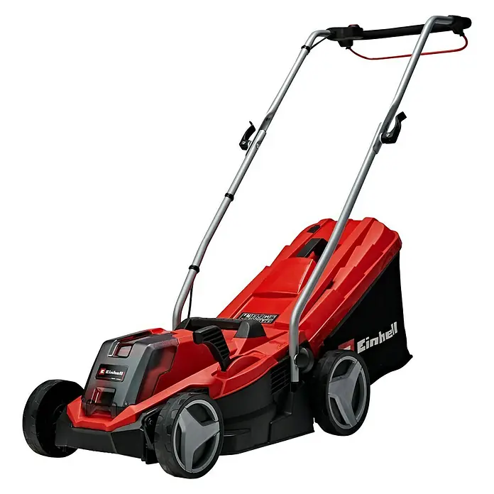 Einhell Power X-Change 18V Akku-Rasenmäher GE-CM 18/33 Li - 18 V, 1 Akku, 4 Ah, Schnittbreite: 33 cm - Der rote Einhell Akku-Rasenmäher mit silbernem Griff bietet kabellose Freiheit und präzise Schnitte für einen gepflegten Garten.