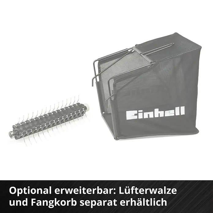 Einhell Power X-Change 18V Akku-Vertikutierer GC-SC 36/31 LI-SOLO EINHELL - Anzahl Akkus: Ohne Akku, 18 V, Arbeitsbreite: 31 cm - Das Bild zeigt einen Rasenlüfter von Einhell, bestehend aus einer Lüfterwalze und einem separaten Fangkorb.