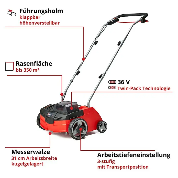 Einhell Power X-Change 18V Akku-Vertikutierer GC-SC 36/31 LI-SOLO EINHELL - Anzahl Akkus: Ohne Akku, 18 V, Arbeitsbreite: 31 cm - Abbildung eines rot-schwarzen Einhell-Rasenlüfters mit Angaben zu Führungsholm, Rasenfläche, Messerwalze und Arbeitstiefeneinstellung.