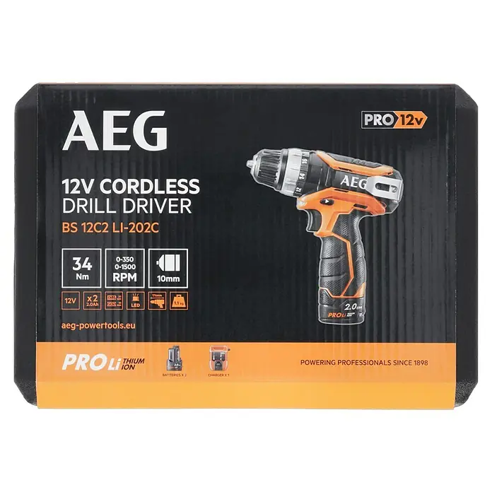 AEG Pro 12V Akku-Bohrschrauber BS 12C2 Li-202C - 12 V, 2 Akkus, 2 Ah, 34 Nm - Abbildung einer AEG 12V Akku-Bohrmaschine mit Zubehör, ideal für Profis seit 1898.