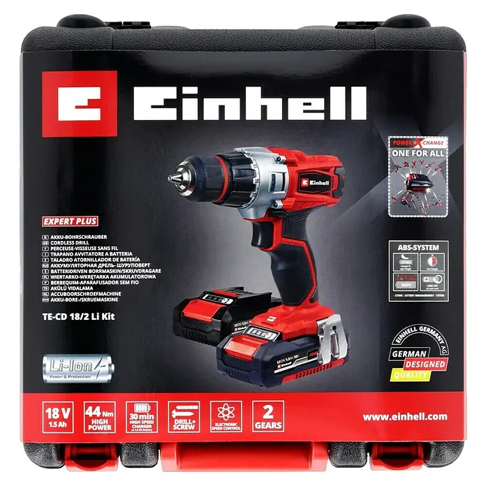 Einhell PXC 18V Akku-Bohrschrauber TE-CD 18/2 Li Kit - 18 V, 2 Akkus, 1,5 Ah, 44 Nm - Abbildung einer Einhell TE-CD 18/2 Li Kit Akku-Bohrmaschine mit Power X-Change Akku, ideal für Heimwerker und Profis.