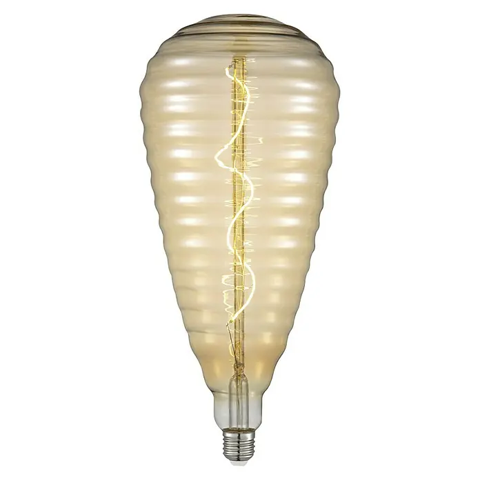 Home Sweet Home LED-Lampe Vintage Globe-Form E27 - E27, Dimmbar, Warmweiß, 280 lm, 4 W - Nahaufnahme einer dekorativen, bernsteinfarbenen Edison-Glühbirne mit gewundenem Glühfaden, die warmes Licht ausstrahlt.