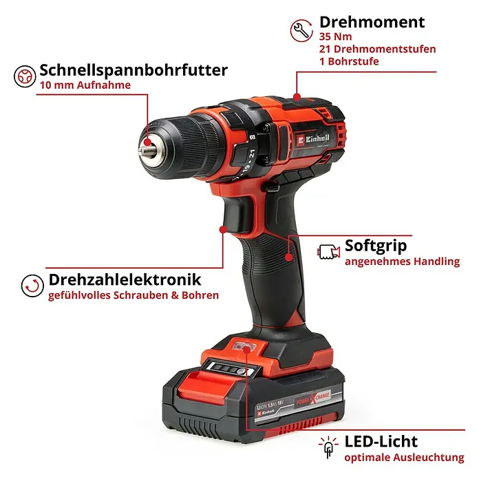 Einhell Power X-Change 18V Akku-Bohrschrauber TC-CD 18/35 - 18 V, 1 Akku, 1,5 Ah, 35 Nm - Akku-Bohrschrauber von Einhell mit Schnellspannbohrfutter, Drehmomenteinstellung, Softgrip und LED-Licht für optimale Ausleuchtung.