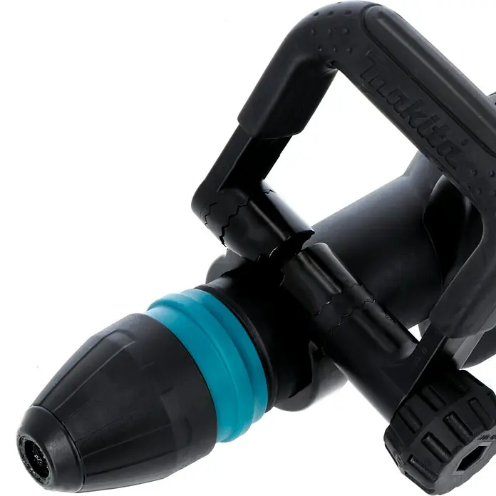 Makita Abbruchhammer HM0871C - 1.100 W, 8,1 J, SDS-Max-Aufnahme - Nahaufnahme einer Makita Bohrmaschine mit blauem Akzent, die Detailgenauigkeit und Qualität hervorhebt.